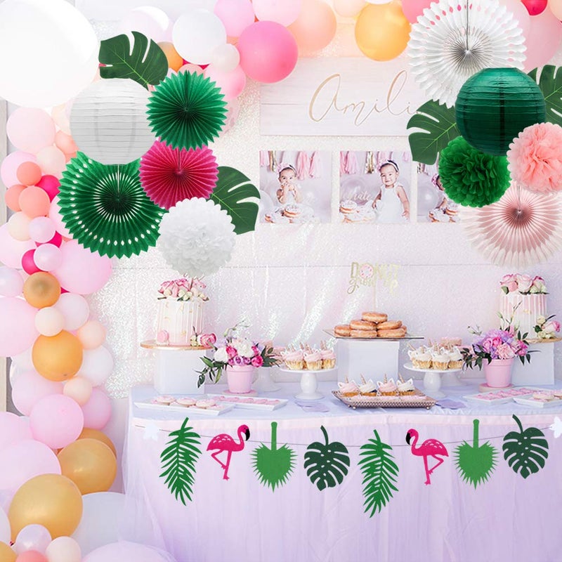 Meiduo Tropical Flamingo Palm Leaves Party Decorations with Paper Fans Paper Lanterns Pom Poms Flowers for Birthday Bridal & Baby Shower Bachelorette Hawaiian Beach Pool Summer (Green) - Image 5